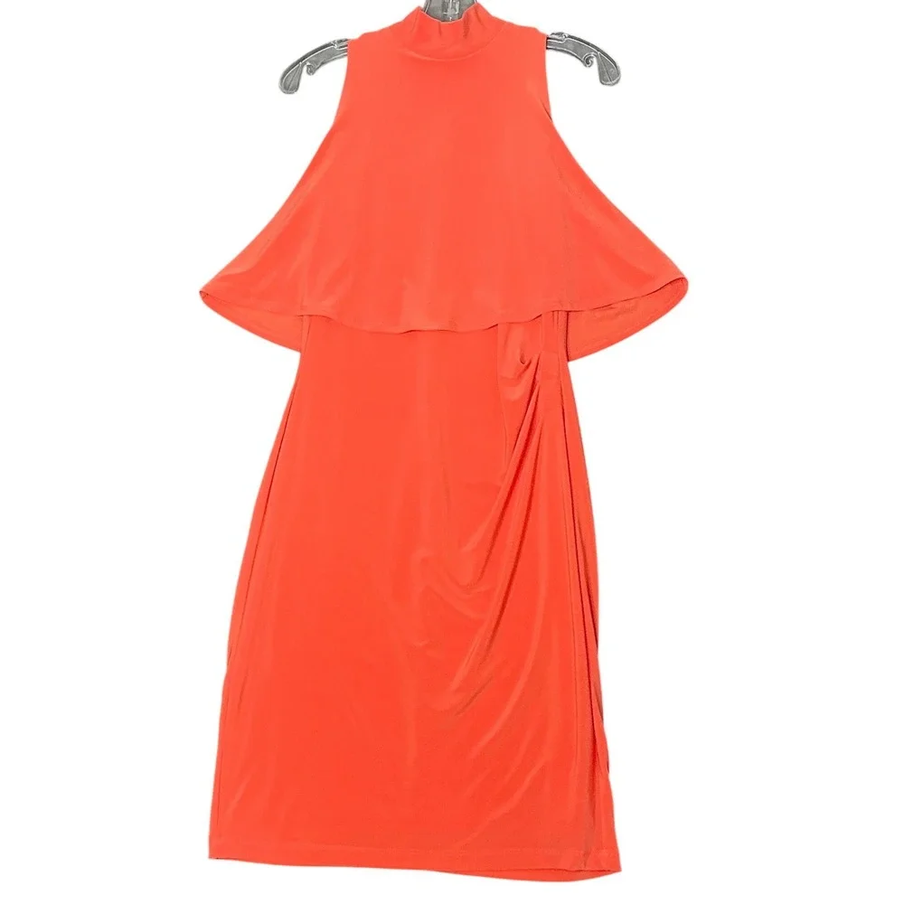Lauren Ralph Lauren Coral Mock Neck Overlay Ruched Midi Dress Size 6 Cocktail